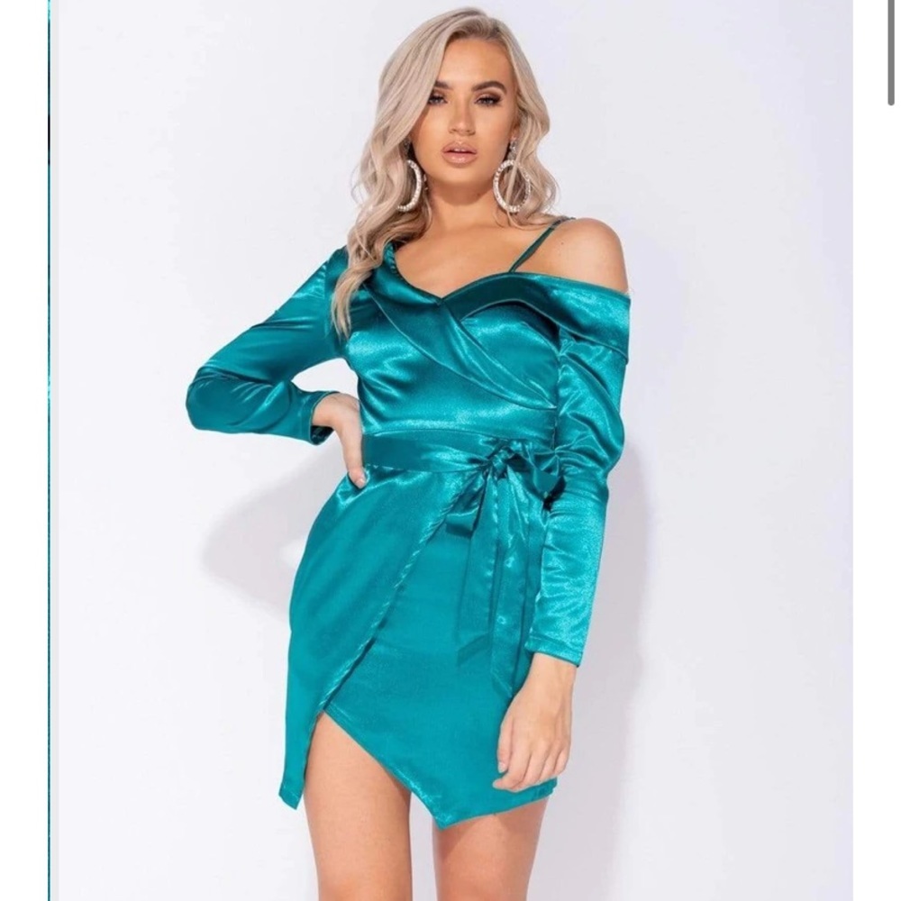 Teal Satin One-Shoulder Mini Dress with Wrap Tie